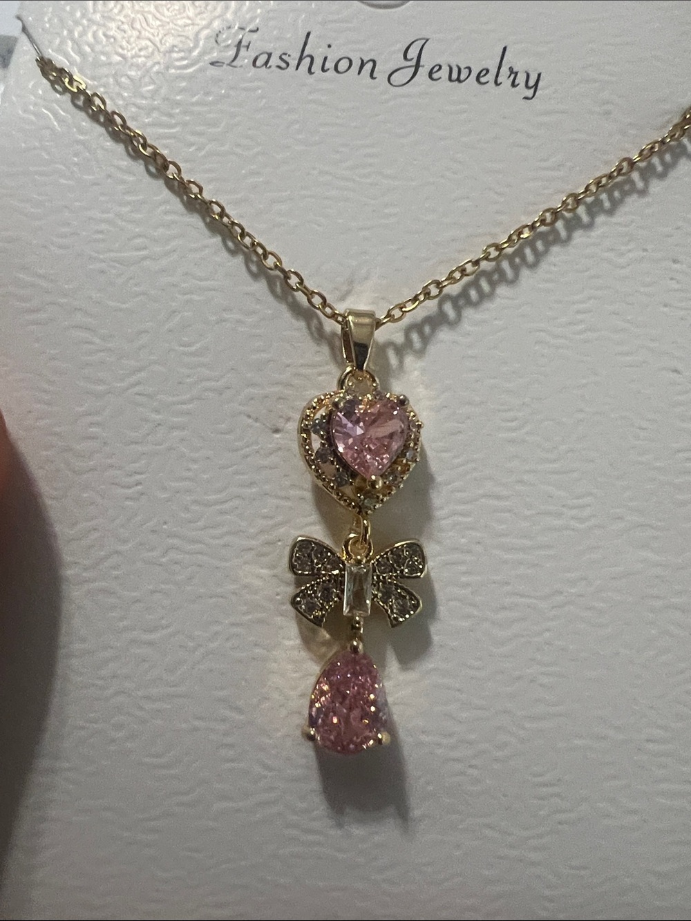Fashion Jewelry Gold-Tone Necklace with Pink Heart, Bow & Teardrop Crystals